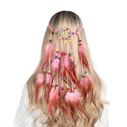 Feather Hair Band Hippie Indian National Style Headband Headwear Halloween Party Decoration Hair Accessory (Pink)