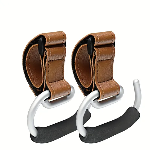 Universal Stroller Hooks with PU Leather Straps – Heavy-Duty Aluminum Baby Stroller Organizer for Hanging Bags, Purses, and Diaper Bags on Stroller Handles or Frames (Brown)