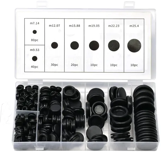 Rubber Grommet - Pack of 200 - Black - 7mm/9mm/12mm/16mm/20mm/22mm/25mm - Closed Rubber Grommet - For Wire, Electrical Installation, Cable Protection - Round Rubber Stopper