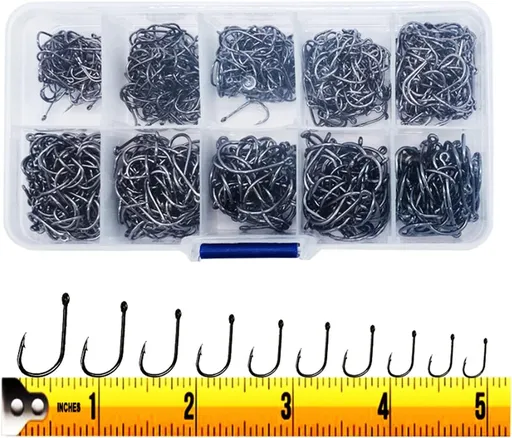 300 Piece High Carbon Steel Barbed Fishing Hook Set, Assorted Hooks with Eyes in 10 Sizes for Freshwater, Saltwater and Tackle Boxes