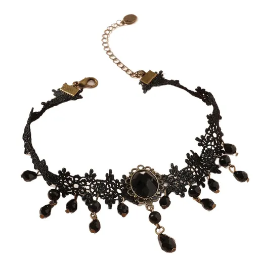 Black Gothic Lace Choker Necklace - Crystal Teardrop Pendant and Adjustable Chain - Elegant Statement Jewelry for Women's Evening Wear, Halloween Costumes & Romantic Dates