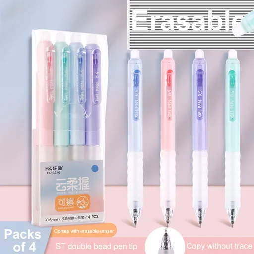 4 PCS Erasable Pens - 0.5mm Press Rub Out Gel Pens with Eraser Clear, Heat Friction Markers, Make Mistakes Disappear, for Drawing Writing Planner and Note Marking(A,Black) Black
