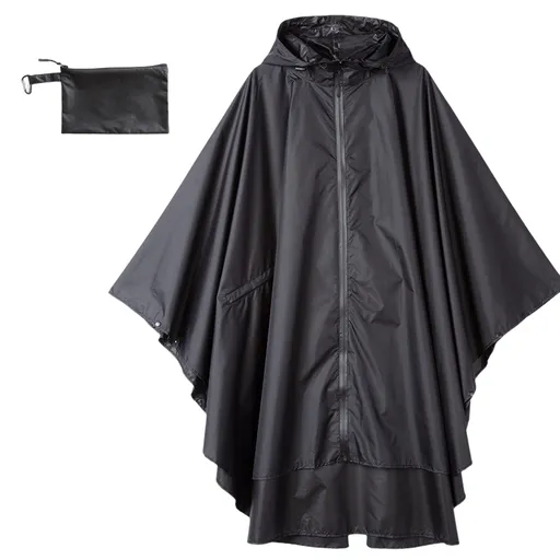 Black Hooded Rain Poncho with Full Front Zip - Lightweight Packable Rain Cape with Zipper Pocket and Storage Pouch for Hiking, Travel and Outdoor Activities