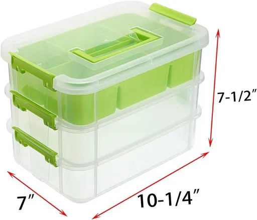 3-Tiers Stack Carry Storage Box With Divided Tray, Transparent Stackable Storage Bin With Handle Lid Latching Storage (Green)