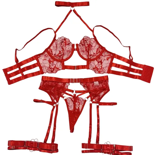 House Of Dasein Sexy Cross-Strap Embroidered Sheer Mesh Splicing Lingerie Set For Women - Red - M