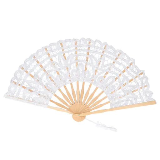 Folding Fan Hallow Lace Bamboo Bones Vintage Style Hand Fan with Tassel for Performance Clothes Decoration GiftWhite