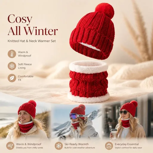 Budget Friendly Ski Companion Plush Lined Knit Hat 2 Pack Bright Red, Cold Resistant Snow Matching Set