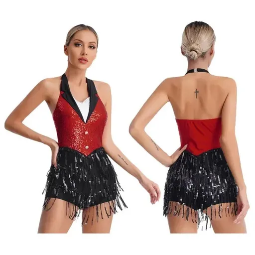 House Of Dasein Womens Jazz Latin Dance Performance Costume Halter Backless Sequins Jumpsuit - Red - Xl