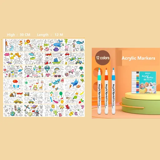 2 Piece- 12M Coloring Scroll Drawing Paper and 12-Color Marker Set, Giant Doodle Art Mural for Wall, Jumbo Coloring Poster Roll, Creative Art Activity