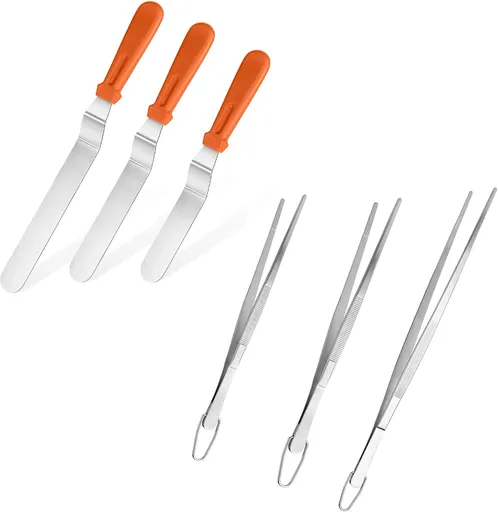 Icing Spatula, Stainless Steel Angled Cake Decorating Frosting Spatula Set of 3 (Orange), and 8"+10"+12" Kitchen Cooking Tweezer: 18/8 Stainless Steel Metal Food Tong (Pointed Tip)