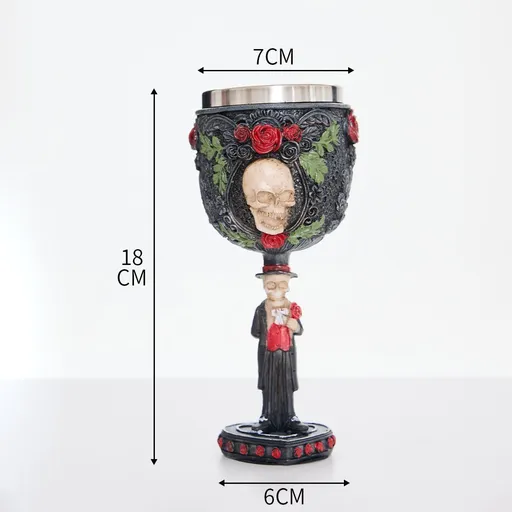 Resin Skull Goblet With Rose Floral Ornament 2 PCS, Carved Resin Wine Cup, Stainless Steel Liner for Christmas & Halloween Festive Gathering