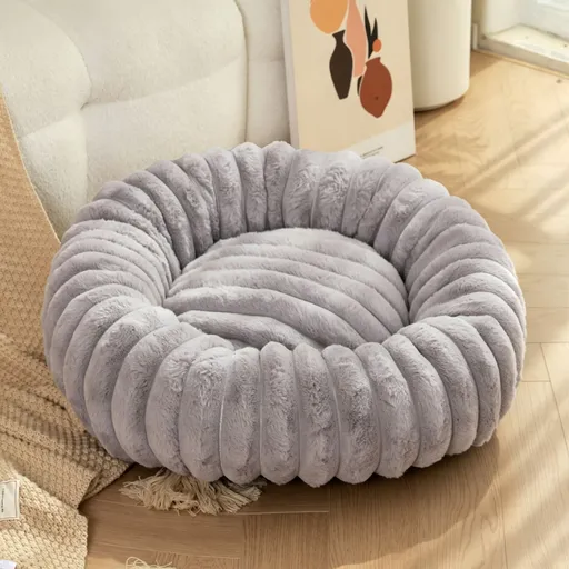 High‑Grade Rabbit Fleece Grey 40cm Round Pet Bed | Halloween Compact Rest Gift | High‑Density Long Plush Bed for Kitten Puppy