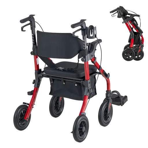 2-in-1 Rollator Walker & Transport Chair for Seniors, Foldable Rolling Walker Wheelchair, Lightweight Aluminum Mobility Walking Aid with Solid PU Wheels, Cup & Cane Holder - Supports 136kg