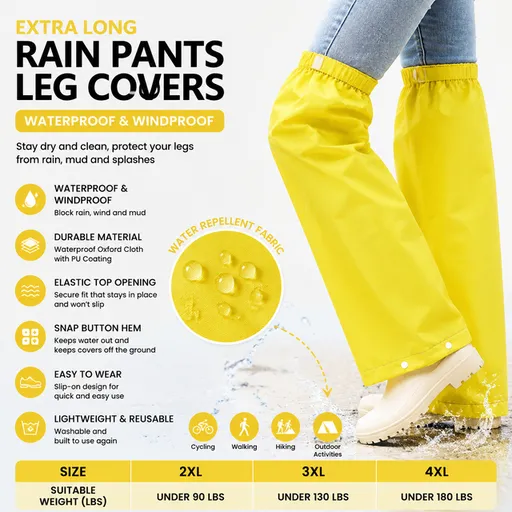 Rain Pants Waterproof Leg Covers Adjustable Elastic Top 4XL Yellow Lightweight Reusable Windproof Mudproof for Cycling Outdoor Activities