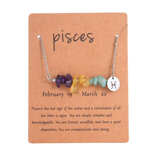 Pisces Constellation Chip Stone Necklace,Stainless Steel Irregular Natural Crystal Pendant,Zodiac Jewellery for Christmas Halloween Cosplay & Holiday Present