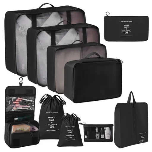 Luggage Garment Sorting Storage Kit, 10 Pcs Travel Pouches Equipped With Dual Drawstring Sacks, Makeup Pouch & Hanging Wash Bag, Black, Reliable Family Journey Gift