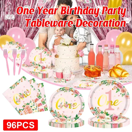96-Piece First Birthday Floral Tableware Pack for 24 Place Settings