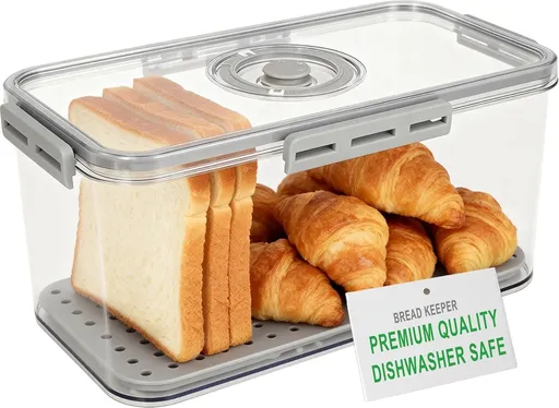 Plastic Bread Box or Kitchen Countertop, Airtight Bread Storage Container or Homemade Bread, Toast, Loa, Bagel, Donut and Cookies, Time Recording Bread Keeper, Dishwasher Sae