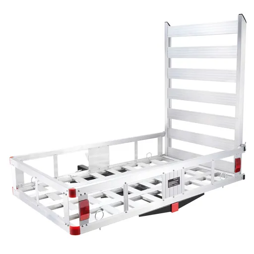 50 x 29.5 x 8.7 in Hitch Cargo Carrier, 500lb Capacity Trailer Hitch Mount Aluminum Cargo Basket with Folding Ramp, Luggage Carrier Rack Fits 2" Hitch Receiver for SUV Truck Pickup Camping
