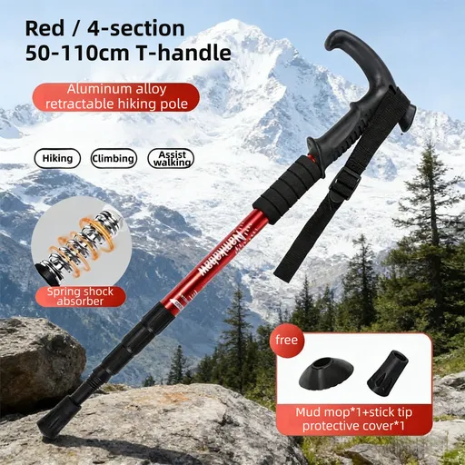2 Pack Red Lightweight Outdoor Telescopic Aluminum Alloy Trekking Pole (50 to 110cm) - Unisex Anti-Slip Outdoor Walking Stick with Spring Shock Absorption & Ergonomic T-Handle, Free Mud Mop and Tip Cover
