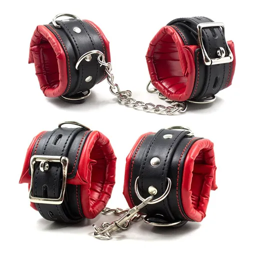 Padded Leather Bondage Handcuffs and Ankle Cuffs Set, Leather Sex Toys SM Wrist Cuffs for Bondage Restraints, Bondage Kit Sex Cuffs, Bondage Cuffs for Sex Games (Wrist & Ankle, Red/Black)