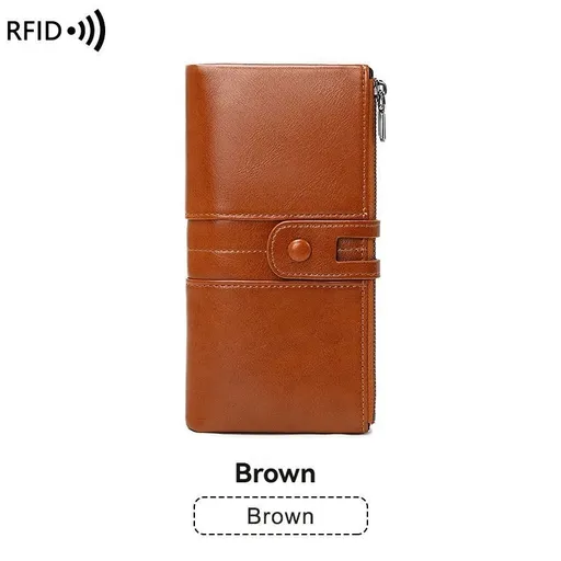 women's leather wallet, anti-skimming wallet, retro style wallet, Korean fashion wallet, long wallet for women, ladies accessory, RFID blocking wallet, genuine leather clutch - Brown - Size L