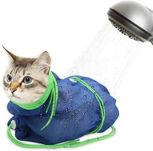 Cat Bath Bag Breathable Cat Shower Bag Anti-Scratch Cat Grooming Bag Adjustable - Navy - Size 19.6