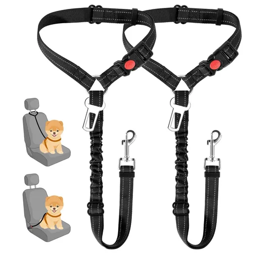 Dog Seat Belt for Car, 2 Pack Dog Car Harness Seatbelt Adjustable with Elastic Bungee Buffer, (S, Black, Headrest+Clip)
