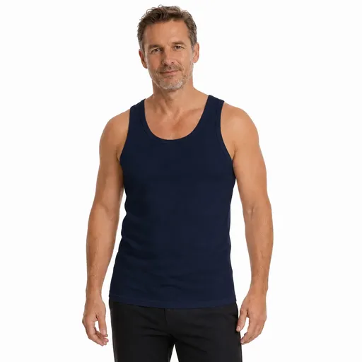 Mens 100% Cotton Plain Singlet Blank Slim Tank Top Gym Sleeveless Basic - Navy