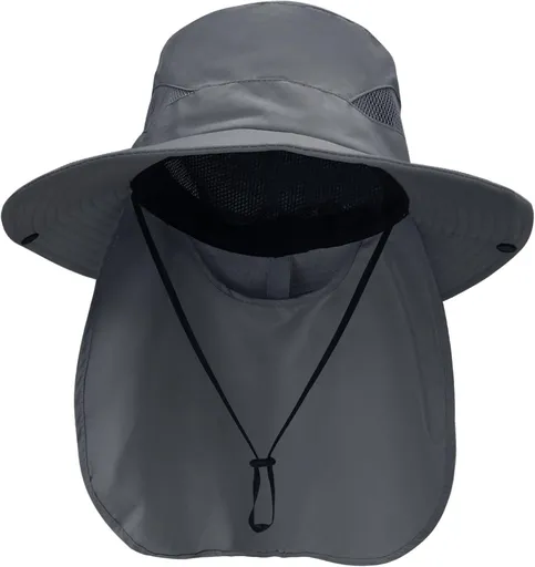 Wide Brim Sun Hat with Neck Flap, UPF 50+ Water Resistant Fishing and Hiking Hat with Chin Strap for Men and Women, Dark Grey
