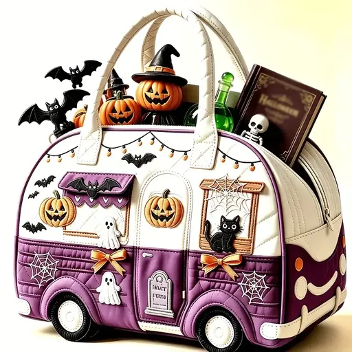 🎃 Halloween Vintage RV-Shaped Tote Bag, Durable Polyester, Portable & Essential for Festive Outings! 🚐