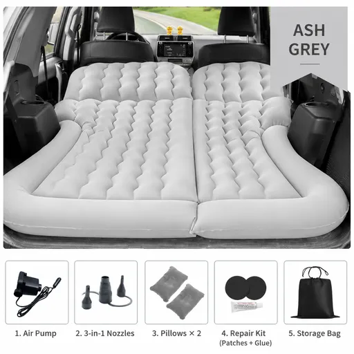Grey Large Inflatable Universal Car Air Mattress with 2 Pillows, Pump and Storage Bag - Dual Zone Split Bed Soft Flocked Camping Travel Bed Integrated Head / Backrest Buffer for SUV MPV Long drives