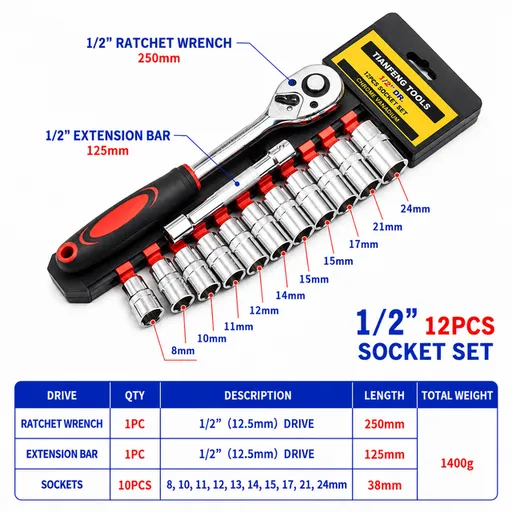 12PCS Portable 1/2 Inch Ratchet Socket Wrench Set - 10 Sizes Metric Socket Set, Quick Release Reversible Ratchet Wrench and Extension Bar for Car Repair Garage and Auto Maintenance