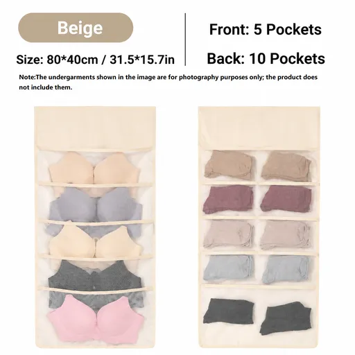 Beige Double-Sided Hanging Underwear Organizer （5 pockets on the front + 10 pockets on the back）- Breathable Non-Woven Mesh Storage Bag with Multiple Pockets for Bras Socks Panties, Washable Closet Space Saving Solution, Odourless and Durable