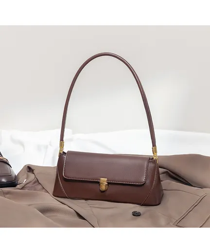 Brown Elegant Vintage Baguette Shoulder Bag - Chic PU Leather Underarm Purse with Gold Clasp