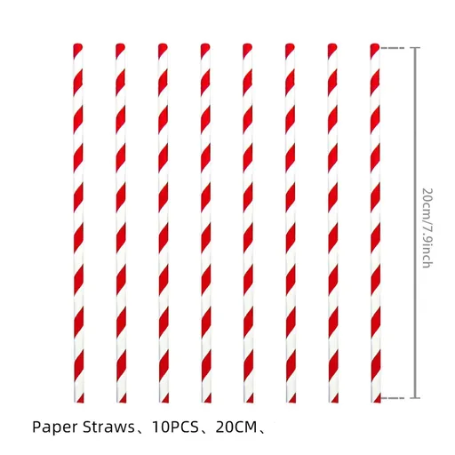 Red Striped Disposable Drinking Straws 10 PCS, Party Table Matching Accessory, Decor Supply for Christmas & Halloween Holiday Party