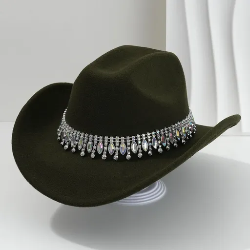 Rhinestone Cowboy Hat - Army Green Western Hat with Iridescent Gemstone Fringe Band, Wide Curved Brim for Weddings, Parties, Festivals and Stage Outfits