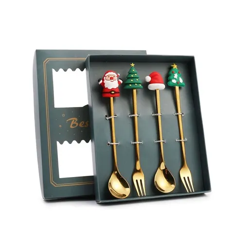 Christmas Spoon Fork Set Stainless Steel Santa Christmas Tree Shaped Decor 4 Piece Green Box