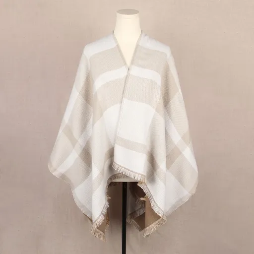 Beige and Brown Women Plaid Poncho Shawl Wrap - Faux Cashmere Reversible Cape Scarf with Fringe Trim, Warm Winter Layering Outerwear, Soft Neutral Checked Travel Friendly Style