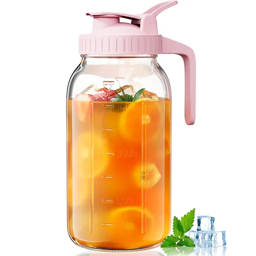 Pink Glass Mason Jar Pitcher 64oz with Flip Lid Pour Spout Milk Jug Leak-Proof Airtight Seal Wide Mouth Beverage Container Cold Brew Coffee Iced Tea Juice Milk Dispenser Fridge Storage