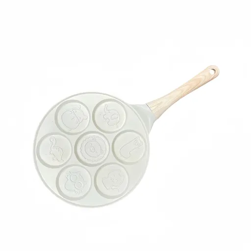 Beige Cartoon + Wood Grain Handle (Gas Model) Non-Stick Pancake Pan - 7-Hole Fun Shapes Breakfast Griddle (27cm)