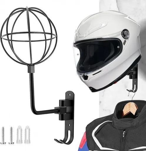 Wall Mounted Helmet Rack with Hook for Motorcycle and Bicycle, Black