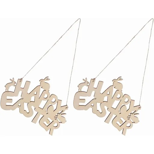 2pcs Happy Easter Wooden Hanging Ornament with Letter Cutout Decor, Wood Construction, Wall and Window Display, Abstract Festive Accent