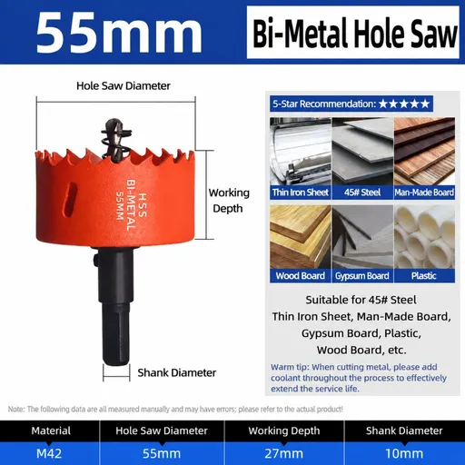 55mm Bi-Metal M42 High Speed Steel Hole Saw | with Pilot Drill Bit, Smooth Cutting Edge for PVC, Drywall, Wood, Plastic, Gypsum Board, Rubber, Thin Metal