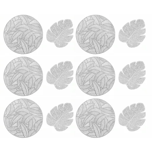 Placemats and Coasters Set Hollow Insulation 6 Pcs Round Dining Table Place Mats and 6 Pcs Leaf Shape Cup Coasters Silver