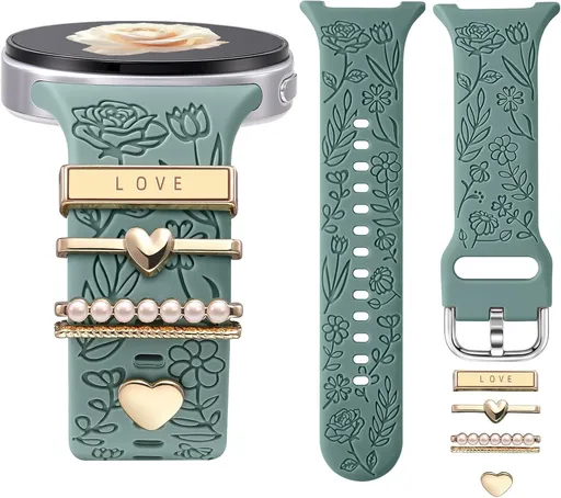 Flower Engraved Bands Compatible with Samsung Galaxy Watch 8 Band 40mm 44mm/Galaxy Watch 8 Classic 46mm, Soft Silicone Replacement Strap with Fancy Decorative Charms Accessories for Women