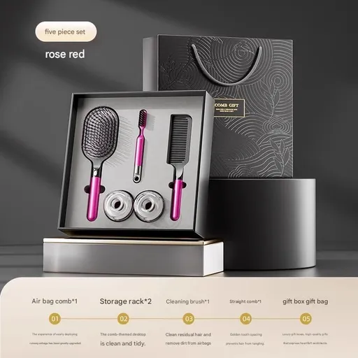 Rose Red 5-Piece Gift Box Set Premium ABS Hair Care Gift Set with Cushion Paddle Brush, Detangling Comb, Cleaning Brush & Stand - Elegant Mother’s Day or Couple’s Gift for Daily Styling and Scalp Comfort