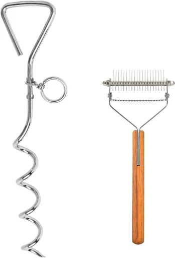 Dog Tie-Out Stake and 2-in-1 Shedding Grooming Tool