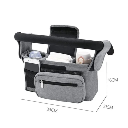 Grey Universal Stroller Organizer Bag - Durable Water-Resistant Fabric - Dual Insulated Cup Holders, Large Capacity Storage Caddy for Diapers and Essentials, Fits Most Prams, Travel Friendly Solution