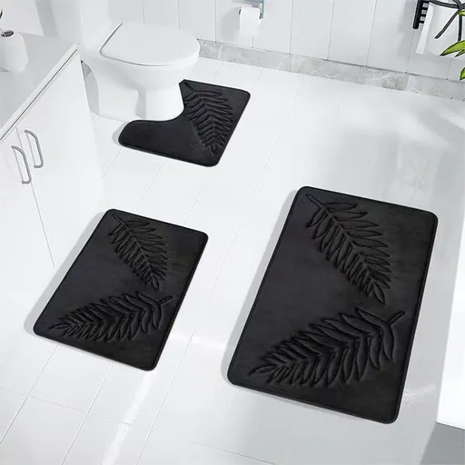 3 Pcs Bathroom Rugs, Leaves Bath Mat Toilet Mats, Soft Comfortable Non-Slip Bathroom Rug Set, Bath Mats for Bathroom, Machine Washable Bath Mat Bathroom Rug Sets, 20x31.5in, Black 3pc Navy